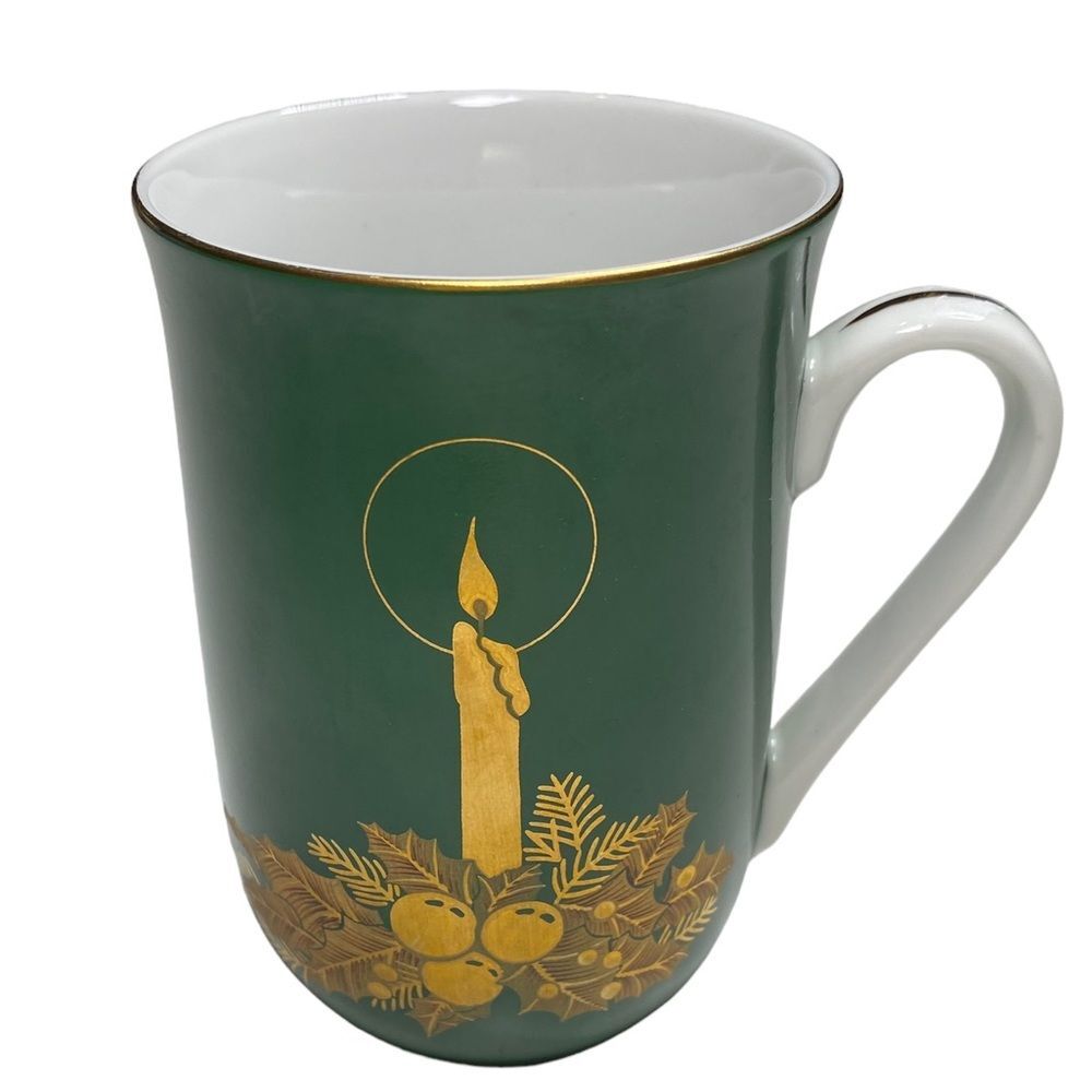 Vintage Gibson Greeting Cards Green Gold Otagiri Japan Christmas Candle Mug Cup
